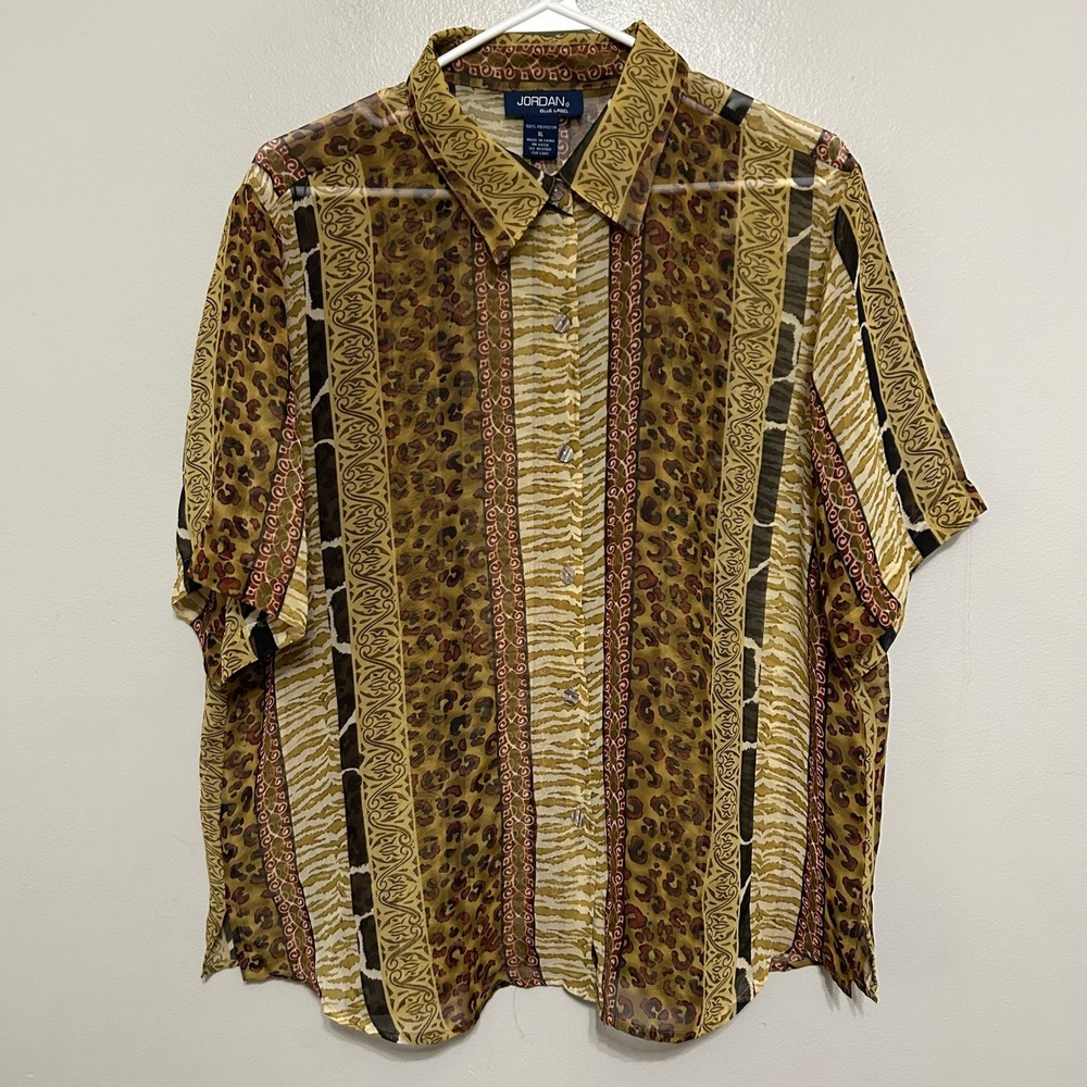 Jordan Womens Button Down Shirt XL Brown Animal Print Sheer Y2k 90's Chic Glam